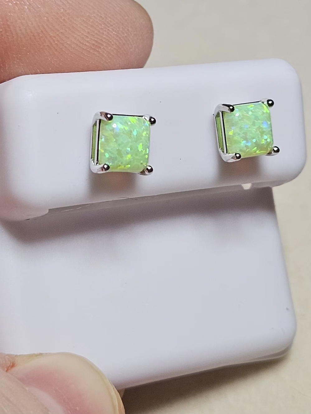 Green Natural Opal Square Stud Earrings - 925 Sterling Silver - Picture 6 of 11